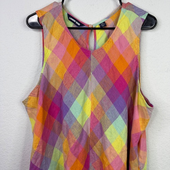 Lands' End Dress Women 2X Colorful Linen Plaid Check Gingham Coastal Cottagecore - Picture 3 of 9